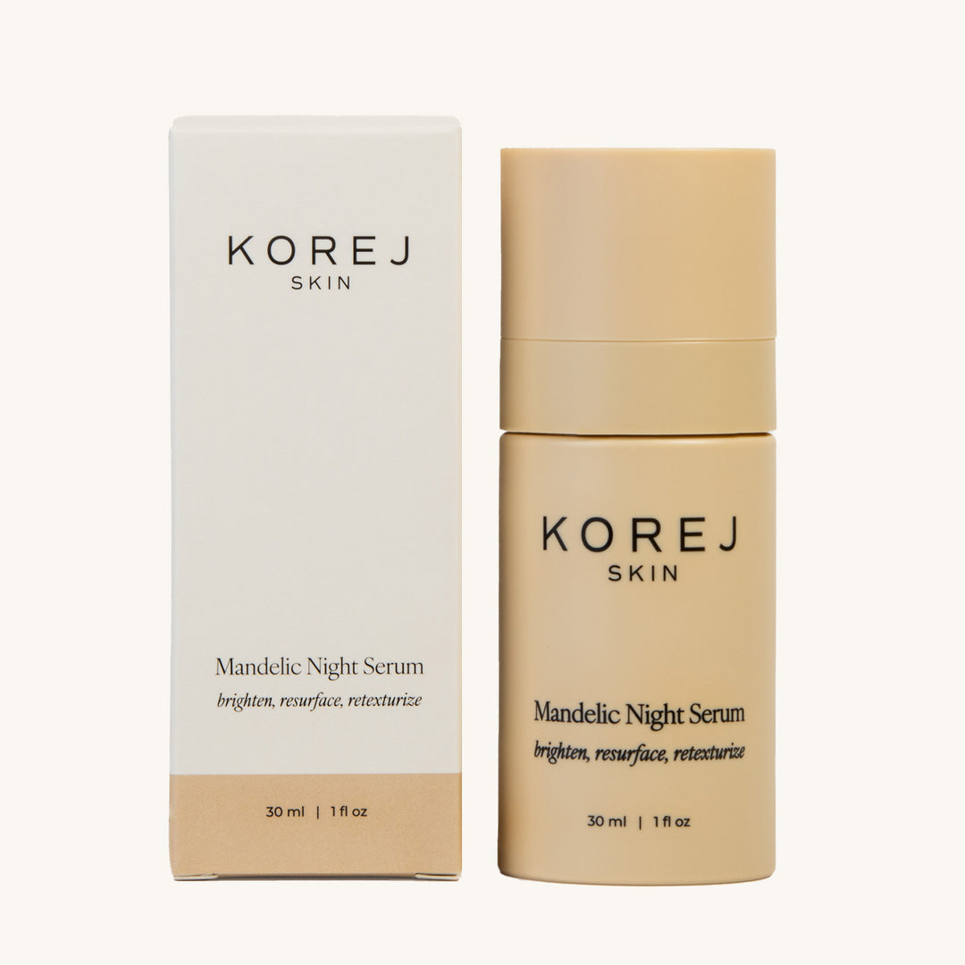 KOREJ SKIN Mandelic Night Serum in its packaging and just the bottle by itself. Brighten, resurface, retexturize. 30 ml | 1 fl oz